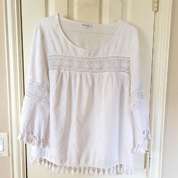 Westport Tops - Westport White Crochet-Trim Peasant Top